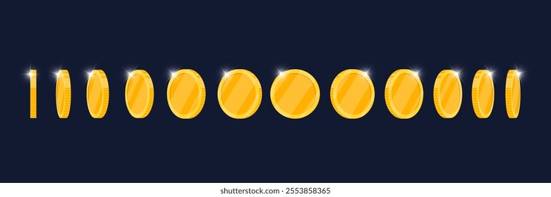 Gold coin turnaround, rotation at different angles for videogame app animation. Blank casino coin turnover. Achievement symbol rotating in different positions. Flat 3d metal money different directions