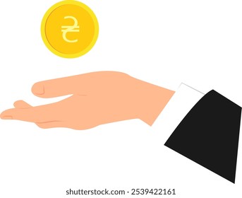 Gold coin with Ukrainian hryvnia sign above outstretched palm of hand wearing in business suit. Vector illustration with transparent background