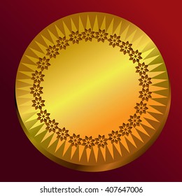 Gold coin vector - golden circle frame shape decorated radial sunburst  and engraving floral wreath. Golden circle place for text on center. On red background. Gold token, medal, lucky money.