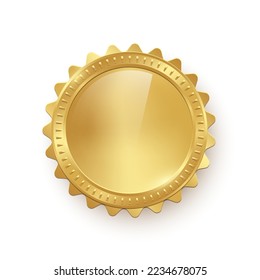 Gold coin vector illustration. 3d realistic golden money cash or treasure sign, isolated shiny medal or premium game prize, front view of metal coin with round border frame.