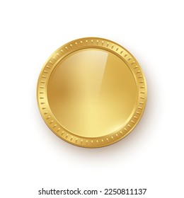 Ilustración vectorial de la moneda de oro. 3d dinero real de oro en efectivo o signo del tesoro, medalla brillante aislada o premio de juego premium, vista frontal de moneda metálica con marco de borde redondo.