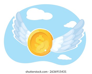 Gold coin with wings flies among sky and clouds. Financial investment. Currency banking transaction. Dollar payment transfer. Business commerce profit. Cashback money. Fortune income. Vector concept