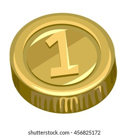 Gold coin worth one monetary unit isolated on a white background. Cartoon vector close-up illustration.