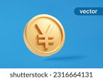Gold coin yen japan currency money icon sign or symbol business and financial exchange on blue background 3D vector illustration