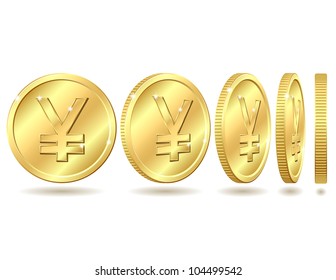 Gold coin with yen sign with different angles. Vector illustration isolated on white background