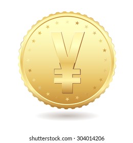 Gold coin with yen sign on white background