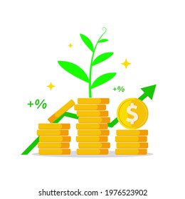 gold coin with young plant shoots, profit, return of investment concept illustration flat design vector eps10. modern graphic element for landing page, empty state ui, infographic, icon