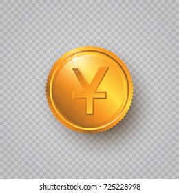 Gold coin with yuan sign on a transparent background. 3d realistic gold coin. Vector illustration isolated. World currencies