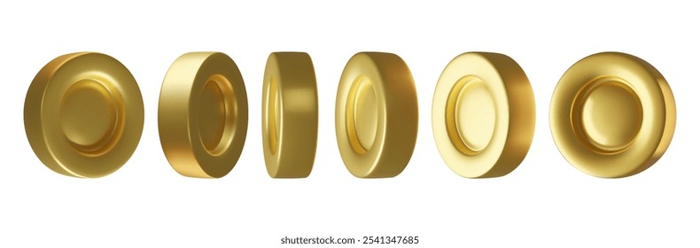Gold coins 3d elements set rotating at different angles. Metal golden money collection realistic vector illustration.