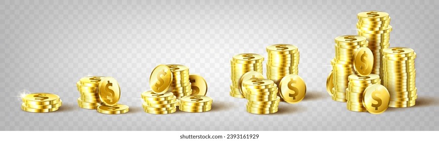 Gold coins. 3d money stack, pile of casino dollars, realistic game deposit cash, different treasures expensive prize. Yellow metallic realistic isolated elements. Vector finance illustration svg