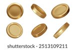 Gold coins 3d realistic vector in different angles isolated. Gold metal money.