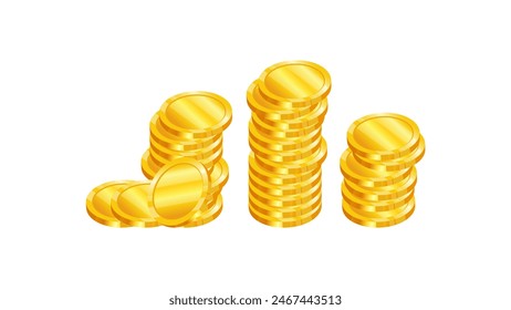 Gold coins in 3d style realistic vector illustration. Coins stacked in columns. Banner design for bank and financial sector.