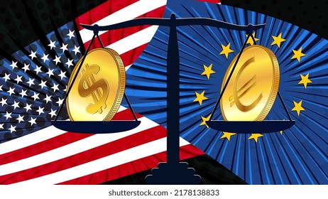 Gold coins of american dollar USD and Euro EUR on scales with colored national flags of America and Europe. Exchange rates are almost equal and who is now leader is not clear. Vector illustration.