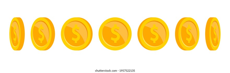 Gold coins animation. Coin rotation at different angles. Golden coins of different shapes. Falling or flying coin with dollar sign. Money jackpot, casino. Vector illustration.