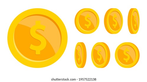 Gold coins animation. Coin rotation at different angles. Golden coins of different shapes. Falling or flying coin with dollar sign. Money jackpot, casino. Vector illustration.