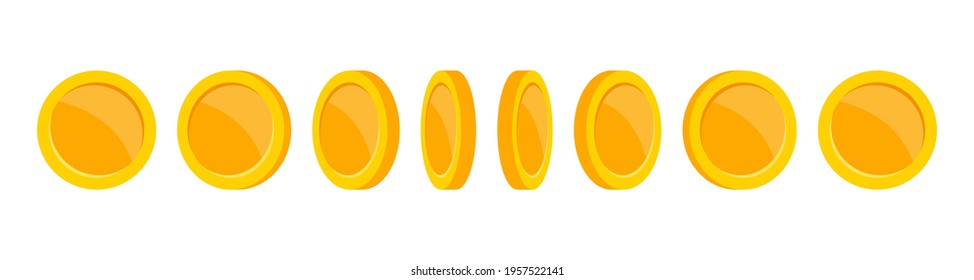 Gold coins animation. Coin rotation at different angles. Golden coins of different shapes. Falling or flying coin. Money jackpot, casino. Vector illustration.