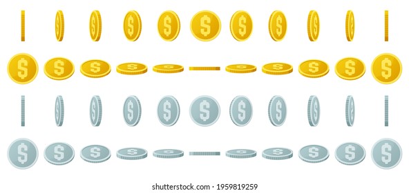 Gold coins animation. Spin gold and silver coin, shiny gambling coins rotation for game interface vector illustration set. Rotating jackpot coins