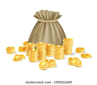 Gold coins bag. Cartoon money sack, golden treasure wealth ancient purse, sacked rich money bag for job reward concept vector illustration