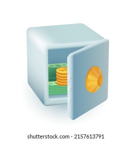 Gold coins and banknotes in vault 3d cartoon style icon. Safe deposit with opened door flat vector illustration. Cash or currency protection, safety, finance, wealth concept