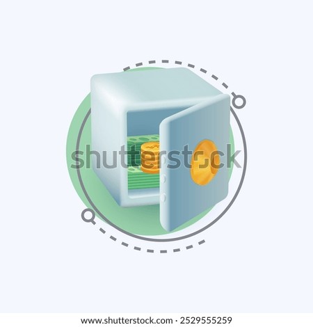 Gold coins and banknotes in vault 3d cartoon style icon. Safe deposit with opened door flat vector illustration. Cash or currency protection, safety, finance, wealth concept