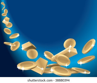 Gold coins and gold bars are falling down.