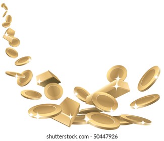 Gold coins and gold bars are falling down.