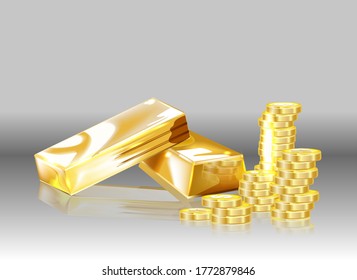 Gold coins and gold bars on a gray background. Vector.