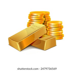 Gold coins and gold bars on a white background. Vector illustration