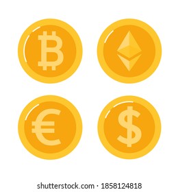 Gold coins with bitcoin, ethereum, euro and dollar symbol on a white background. Digital currency. Cryptocurrency. Vector illustration.