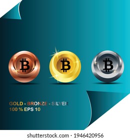 gold coins with a bitcoin symbol with 3 metal colors Gold, silver and bronze with high resolution