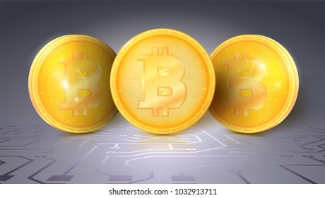 Gold coins of the Bitcoin. The symbol of the digital currency on the printed circuit board. Virtual money of the future with glare and reflections, icon of digital crypto currency.