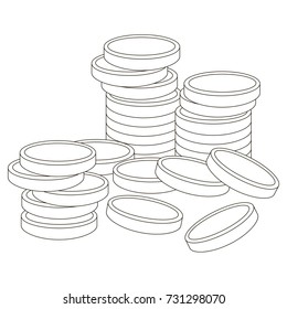 Gold Coins Cash Money cartoon. Outlined illustration with thin line black stroke