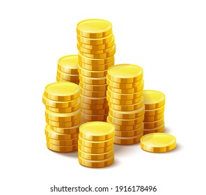 Gold coins cash money in piles, Isolated on white transparent background. Eps10 vector illustration.