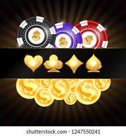 Gold coins and casino chips vector. Golden glowing suit card