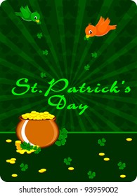 Gold coin's cauldron with birds having shamrock leafs for St. Patrick's Day.