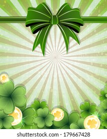 Gold coins, clover and bow on a striped background. St. Patrick's Day abstract background
