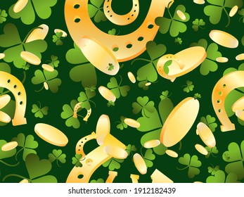 Gold coins and clover with golden horseshoes seamless pattern for St. Patrick's Day. Festive background for advertising products, postcards and printing. Vector illustration