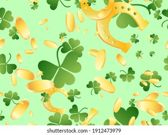 Gold coins and clover with golden horseshoes seamless pattern for St. Patrick's Day. Festive background for advertising products, postcards and printing. Vector illustration