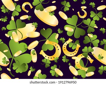 Gold coins and clover with golden horseshoes seamless pattern for St. Patrick's Day. Festive background for advertising products, postcards and printing. Vector illustration