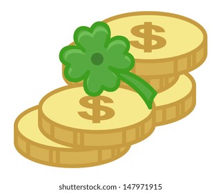 Gold Coins and Clover Leaf on St. Patrick's Day