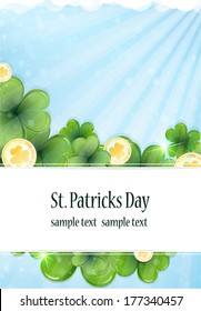 Gold coins and clover on a blue background.  St. Patrick's Day background.