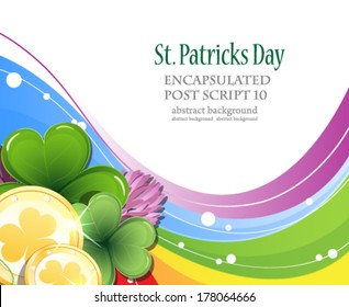 Gold coins and clover on rainbow background.  St. Patrick's Day background.
