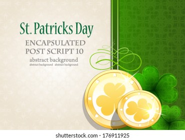 Gold coins and clover on vintage green and beige background. St. Patrick's Day symbol