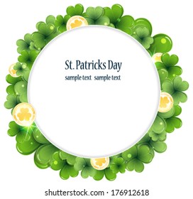 Gold coins and clover round background.  St. Patrick's Day symbol.