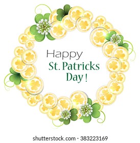 Gold coins and clover round background.  St. Patrick's Day symbol.