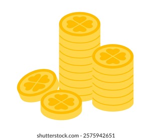 Gold coins with clover. Saint Patrick's day. Ireland holiday lucky item, fortune symbols. Leprechaun coins. Flat Vector illustration isolated on white background 