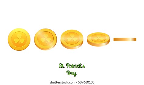 Gold coins with clover. Saint Patrick`s Day vector coins.