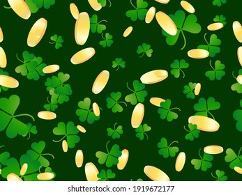 Gold coins and clover seamless pattern. Happy St. Patrick's Day. Festive background for advertising products, postcards and printing. Vector illustration