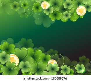 Gold coins and clover. St. Patrick's Day background.