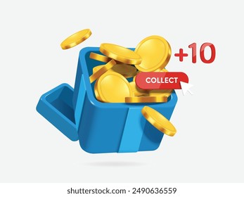 Gold coins are collected in blue Gift box be redeemed for points after shopping online or using delivery services, vector 3d isolated on white background for promotion sale design